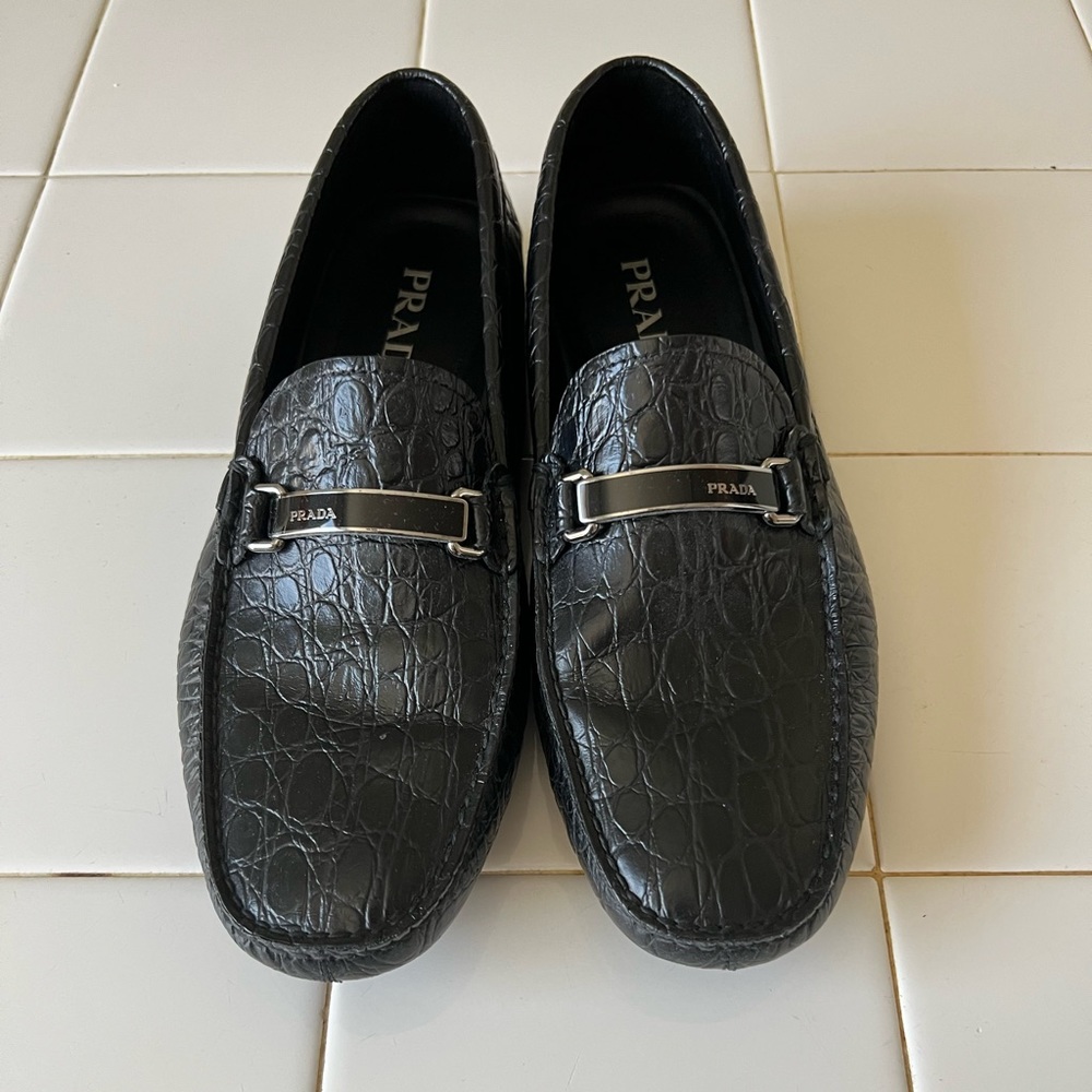 Prada Mens Black Loafer (Embossed not Exotic Leather) (US Size 8.5)
